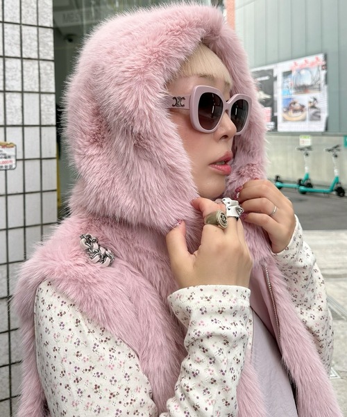 ALGONQUINS ピンク チェック 猫耳 フード ファー アウター ALGONQUINS