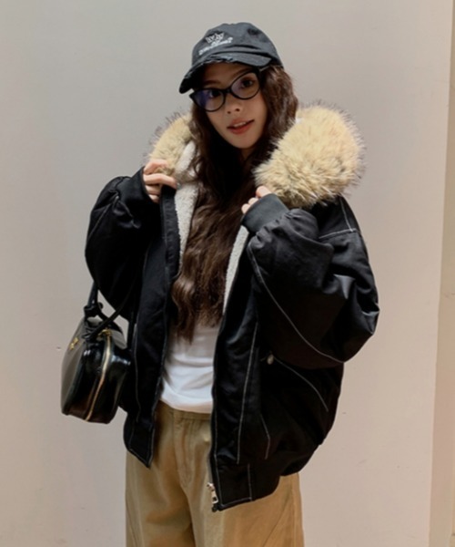 最終　ayane アヤン　美品　エコファーフーデットブルゾン　　グリーン 最終 ayane アヤン 美品 エコファーフーデットブルゾン グリーン