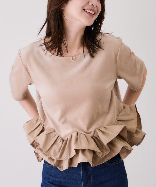 Jayro(ジャイロ)の「裾デコフリルベロアTシャツ(Tシャツ/カットソー・レディース・ブラック/オフホワイト・M)」の1枚目の写真