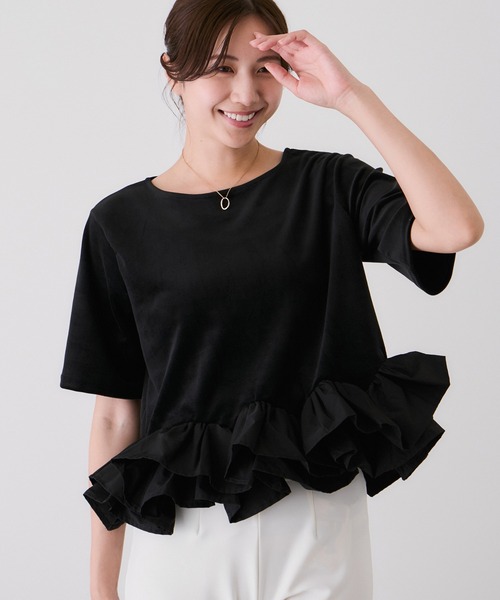 Jayro(ジャイロ)の「裾デコフリルベロアTシャツ(Tシャツ/カットソー・レディース・ブラック/オフホワイト・M)」の4枚目の写真