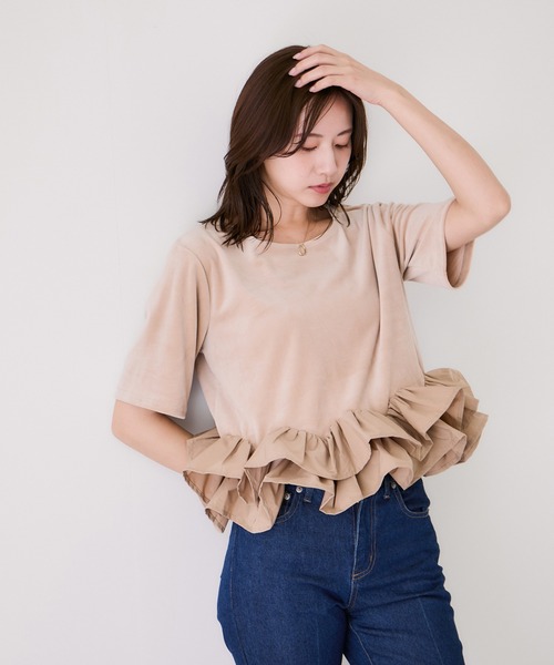 Jayro(ジャイロ)の「裾デコフリルベロアTシャツ(Tシャツ/カットソー・レディース・ブラック/オフホワイト・M)」の12枚目の写真