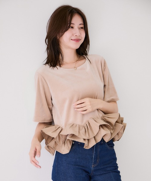 Jayro(ジャイロ)の「裾デコフリルベロアTシャツ(Tシャツ/カットソー・レディース・ブラック/オフホワイト・M)」の13枚目の写真