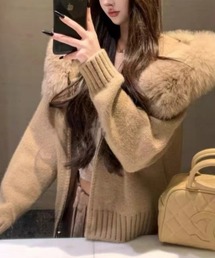 フェイクファー フードジップアップ ニットパーカー