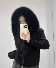 フェイクファー フードジップアップ ニットパーカー