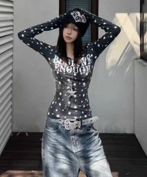 スター柄/前プリントvネックトップス