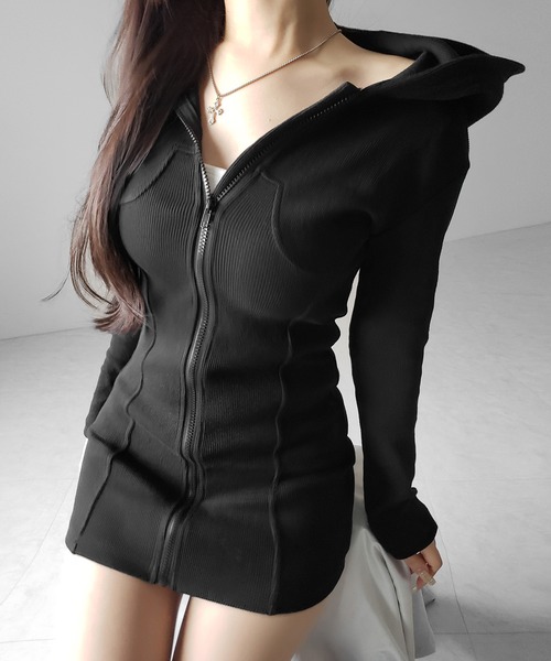 me+em select(ミームセレクト)の「【 2color 】フーディジップアップスリムラインミニワンピース / Hoodie zip up slimline mini onepiece(ワンピース・レディース・ブラック/グレー・FREE)」の8枚目の写真