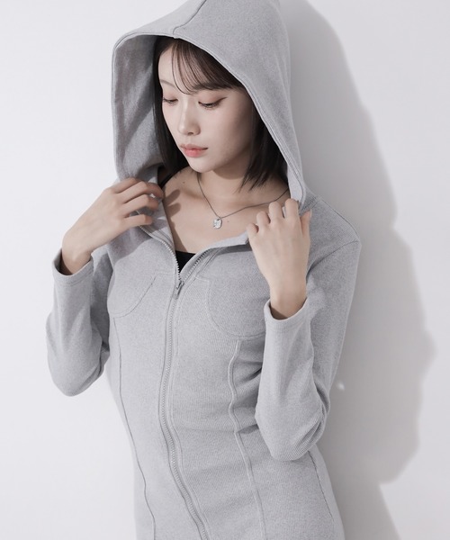 me+em select(ミームセレクト)の「【 2color 】フーディジップアップスリムラインミニワンピース / Hoodie zip up slimline mini onepiece(ワンピース・レディース・ブラック/グレー・FREE)」の19枚目の写真