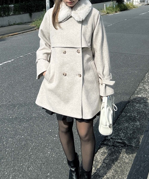 AS KNOW AS plus（アズノゥアズプラス）の「♪取り外し可能 エコファー衿 ベルト付きミドルコート（チェスターコート・レディース・アイボリー/ブラック/ベージュ/杢グレー・FREE）」の16枚目の写真