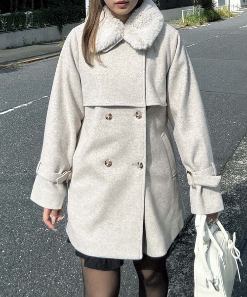 AS KNOW AS plus（アズノゥアズプラス）の「♪取り外し可能 エコファー衿 ベルト付きミドルコート（チェスターコート・レディース・アイボリー/ブラック/ベージュ/杢グレー・FREE）」の17枚目の写真