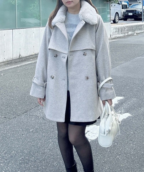 AS KNOW AS plus（アズノゥアズプラス）の「♪取り外し可能 エコファー衿 ベルト付きミドルコート（チェスターコート・レディース・アイボリー/ブラック/ベージュ/杢グレー・FREE）」の20枚目の写真