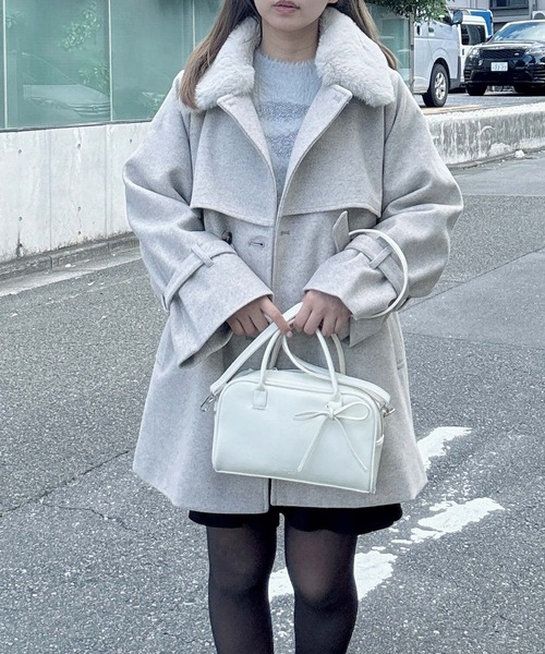 AS KNOW AS plus（アズノゥアズプラス）の「♪取り外し可能 エコファー衿 ベルト付きミドルコート（チェスターコート・レディース・アイボリー/ブラック/ベージュ/杢グレー・FREE）」の21枚目の写真