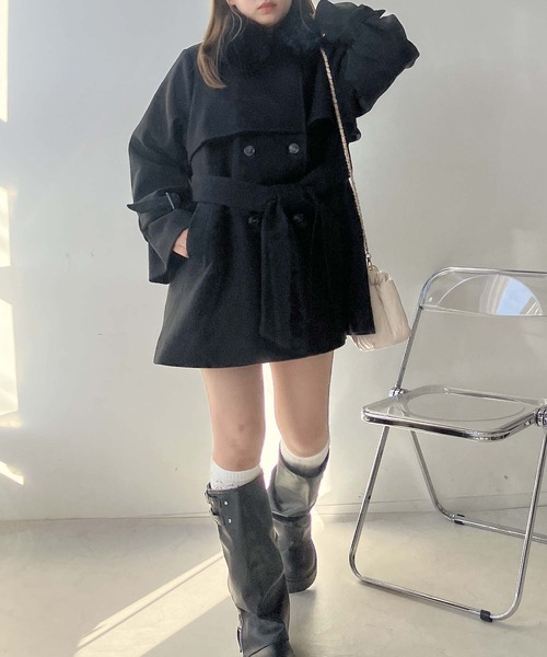 AS KNOW AS plus（アズノゥアズプラス）の「♪取り外し可能 エコファー衿 ベルト付きミドルコート（チェスターコート・レディース・アイボリー/ブラック/ベージュ/杢グレー・FREE）」の12枚目の写真