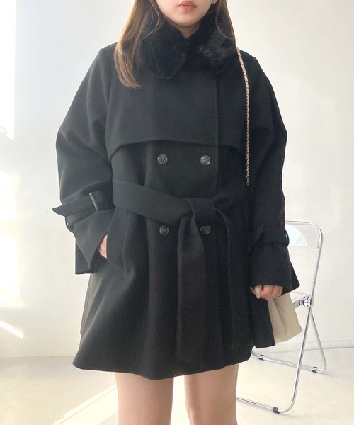 AS KNOW AS plus（アズノゥアズプラス）の「♪取り外し可能 エコファー衿 ベルト付きミドルコート（チェスターコート・レディース・アイボリー/ブラック/ベージュ/杢グレー・FREE）」の8枚目の写真