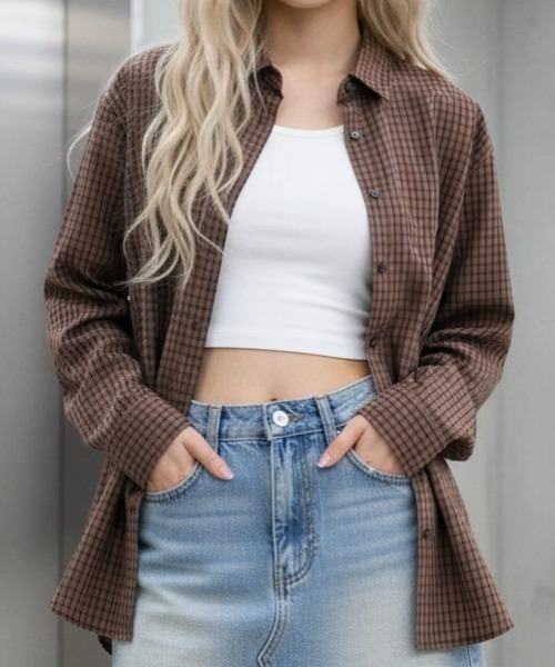 A'gem（エージェム）の「A'GEM/9 × .kom 『A'gem/エージェム』Y2K MINI CHECK SHIRT/ミニチェックシャツ（シャツ/ブラウス・レディース・ブラウン・FREE）」の2枚目の写真