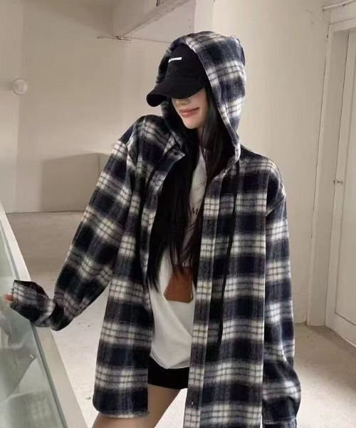 セール】オーバーサイズチェックフードジャケット（パーカー