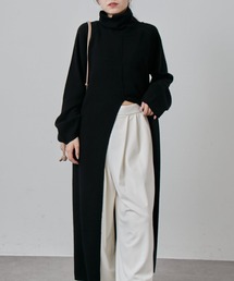 ebure ニットロングワンピース タートルネック ゆったり ウール ブラック ゆったりロングニットワンピース ひざ下丈 タートルネック[品番