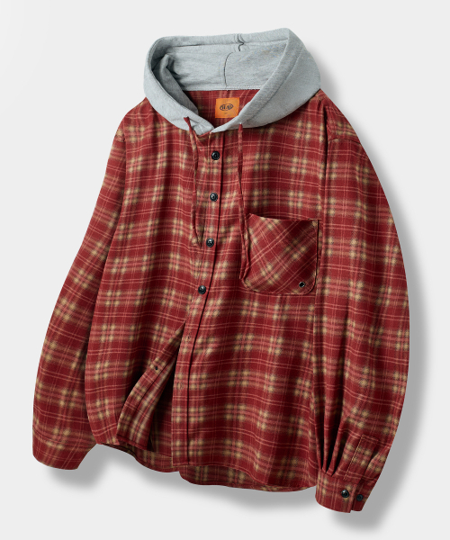 DIMITRI BLACK(ディミトリブラック)の「VLAD バイアスチェックフードシャツ_レッド(シャツ/ブラウス・レディース・その他・MEDIUM/LARGE/X-LARGE)」の1枚目の写真
