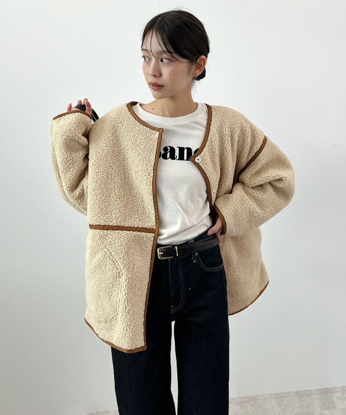 Futier land（フューティアランド）の「配色パイピングボアブルゾン（ブルゾン・レディース・ベージュ/ブラウン/チャコールグレー・FREE）」の4枚目の写真