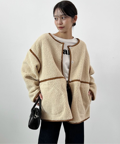 Futier land（フューティアランド）の「配色パイピングボアブルゾン（ブルゾン・レディース・ベージュ/ブラウン/チャコールグレー・FREE）」の6枚目の写真