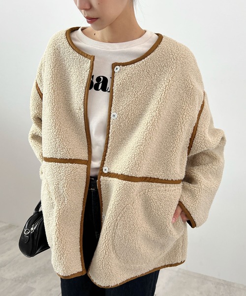 Futier land（フューティアランド）の「配色パイピングボアブルゾン（ブルゾン・レディース・ベージュ/ブラウン/チャコールグレー・FREE）」の7枚目の写真