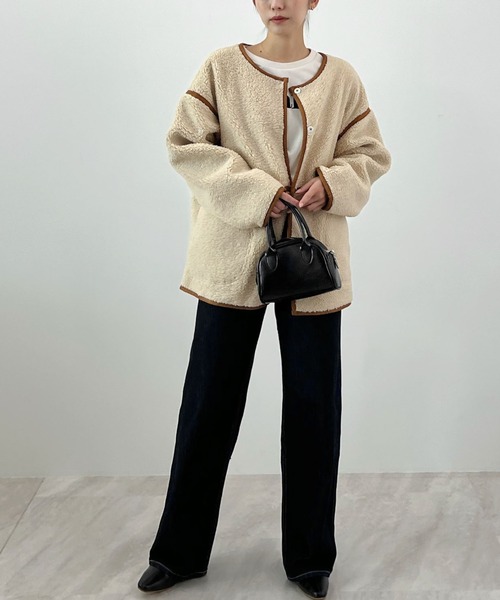 Futier land（フューティアランド）の「配色パイピングボアブルゾン（ブルゾン・レディース・ベージュ/ブラウン/チャコールグレー・FREE）」の10枚目の写真