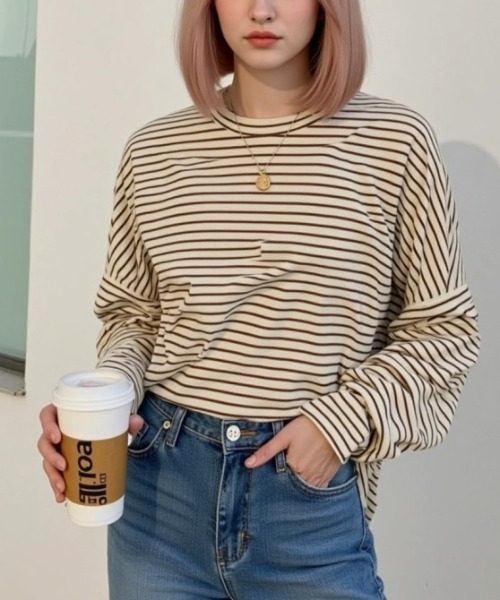 cammie(キャミー)の「ボーダーシンプルトップス(Tシャツ/カットソー・レディース・オフホワイト・L/M)」の2枚目の写真