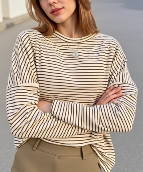 cammie(キャミー)の「ボーダーシンプルトップス(Tシャツ/カットソー・レディース・オフホワイト・L/M)」の3枚目の写真