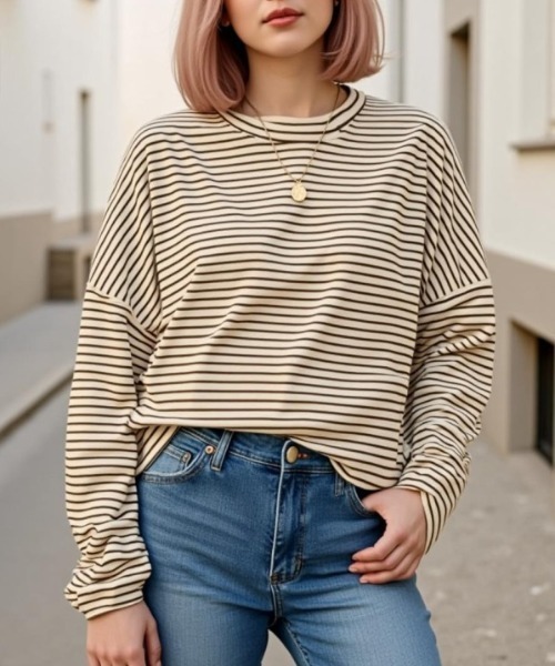 cammie(キャミー)の「ボーダーシンプルトップス(Tシャツ/カットソー・レディース・オフホワイト・L/M)」の4枚目の写真