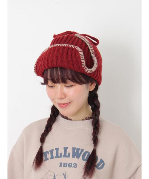 Samansa Mos2（サマンサ モスモス）の「配色ステッチニットフライトキャップ（ハット・レディース・レッド/ブラウン/ベージュ・F）」の3枚目の写真
