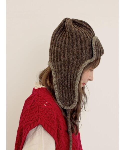 Samansa Mos2（サマンサ モスモス）の「配色ステッチニットフライトキャップ（ハット・レディース・レッド/ブラウン/ベージュ・F）」の6枚目の写真