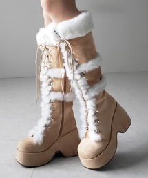 【 2color 】厚底レースアップムートンロングブーツ / platform laceup mouton long boots