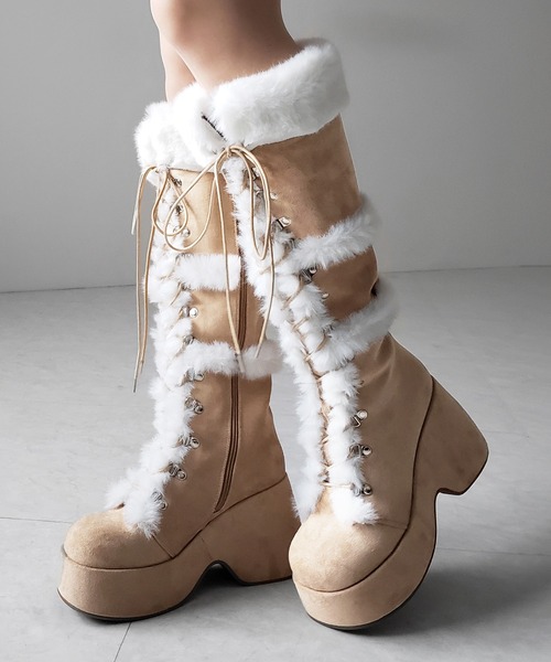me+em select(ミームセレクト)の「【 2color 】厚底レースアップムートンロングブーツ / platform laceup mouton long boots(ブーツ・レディース・ベージュ/ブラック・37/40/39/38)」の2枚目の写真