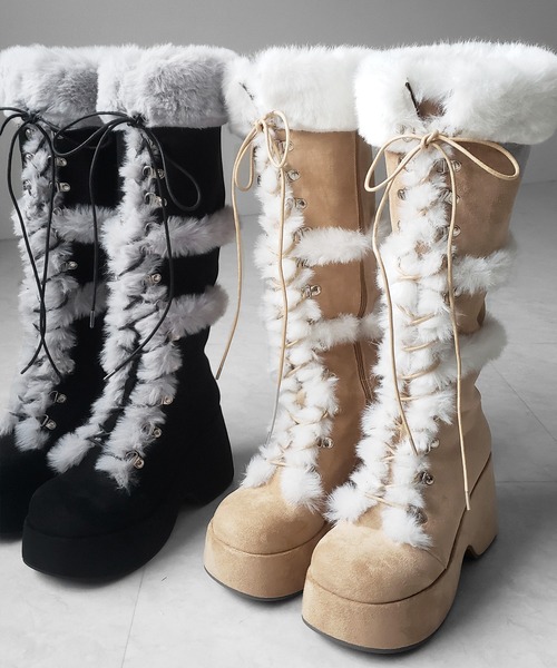 me+em select(ミームセレクト)の「【 2color 】厚底レースアップムートンロングブーツ / platform laceup mouton long boots(ブーツ・レディース・ベージュ/ブラック・37/40/39/38)」の3枚目の写真