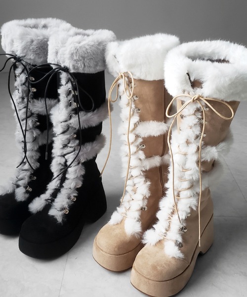 me+em select(ミームセレクト)の「【 2color 】厚底レースアップムートンロングブーツ / platform laceup mouton long boots(ブーツ・レディース・ベージュ/ブラック・37/40/39/38)」の4枚目の写真