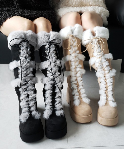 me+em select(ミームセレクト)の「【 2color 】厚底レースアップムートンロングブーツ / platform laceup mouton long boots(ブーツ・レディース・ベージュ/ブラック・37/40/39/38)」の7枚目の写真