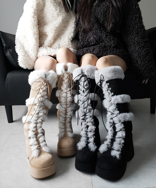 me+em select(ミームセレクト)の「【 2color 】厚底レースアップムートンロングブーツ / platform laceup mouton long boots(ブーツ・レディース・ベージュ/ブラック・37/40/39/38)」の9枚目の写真