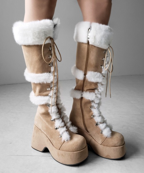 me+em select(ミームセレクト)の「【 2color 】厚底レースアップムートンロングブーツ / platform laceup mouton long boots(ブーツ・レディース・ベージュ/ブラック・37/40/39/38)」の13枚目の写真