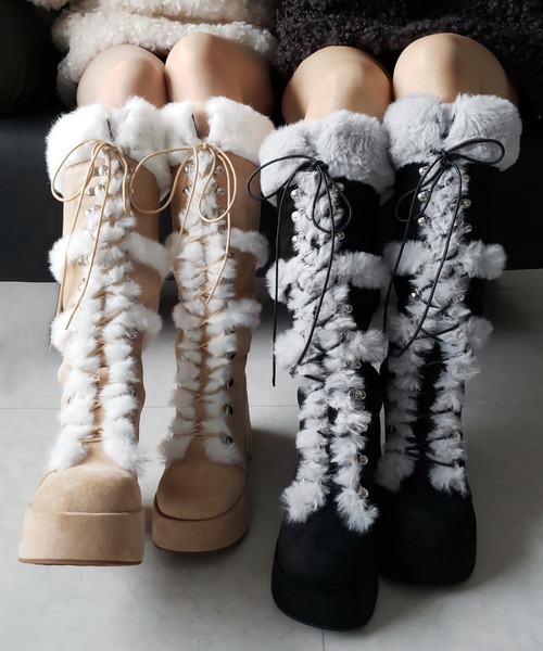 me+em select(ミームセレクト)の「【 2color 】厚底レースアップムートンロングブーツ / platform laceup mouton long boots(ブーツ・レディース・ベージュ/ブラック・37/40/39/38)」の6枚目の写真