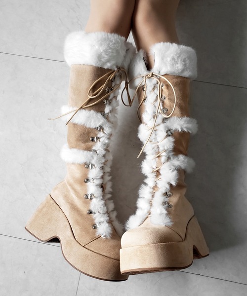 me+em select(ミームセレクト)の「【 2color 】厚底レースアップムートンロングブーツ / platform laceup mouton long boots(ブーツ・レディース・ベージュ/ブラック・37/40/39/38)」の11枚目の写真