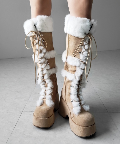 me+em select(ミームセレクト)の「【 2color 】厚底レースアップムートンロングブーツ / platform laceup mouton long boots(ブーツ・レディース・ベージュ/ブラック・37/40/39/38)」の12枚目の写真