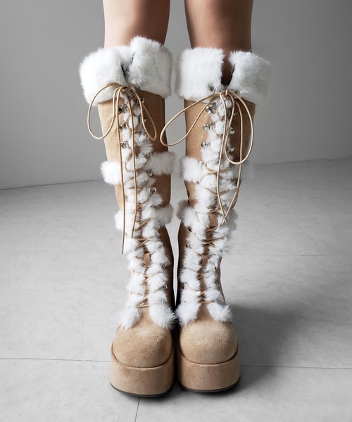 me+em select(ミームセレクト)の「【 2color 】厚底レースアップムートンロングブーツ / platform laceup mouton long boots(ブーツ・レディース・ベージュ/ブラック・37/40/39/38)」の15枚目の写真
