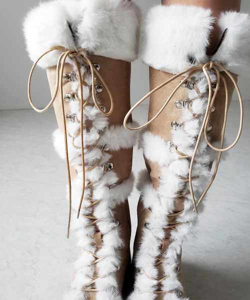 me+em select(ミームセレクト)の「【 2color 】厚底レースアップムートンロングブーツ / platform laceup mouton long boots(ブーツ・レディース・ベージュ/ブラック・37/40/39/38)」の10枚目の写真