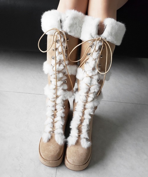 me+em select(ミームセレクト)の「【 2color 】厚底レースアップムートンロングブーツ / platform laceup mouton long boots(ブーツ・レディース・ベージュ/ブラック・37/40/39/38)」の17枚目の写真