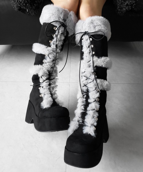me+em select(ミームセレクト)の「【 2color 】厚底レースアップムートンロングブーツ / platform laceup mouton long boots(ブーツ・レディース・ベージュ/ブラック・37/40/39/38)」の21枚目の写真