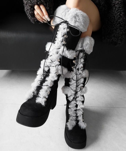me+em select(ミームセレクト)の「【 2color 】厚底レースアップムートンロングブーツ / platform laceup mouton long boots(ブーツ・レディース・ベージュ/ブラック・37/40/39/38)」の22枚目の写真