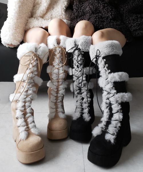 me+em select(ミームセレクト)の「【 2color 】厚底レースアップムートンロングブーツ / platform laceup mouton long boots(ブーツ・レディース・ベージュ/ブラック・37/40/39/38)」の5枚目の写真