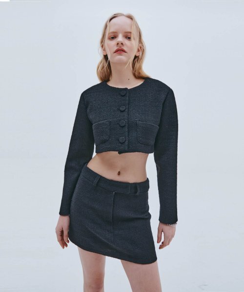 ツイードカラーなしセットアップジャケット（ブラック）