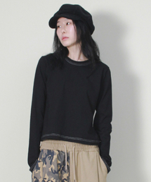 アウトステッチ配色セミクロップ長袖Tシャツブラック