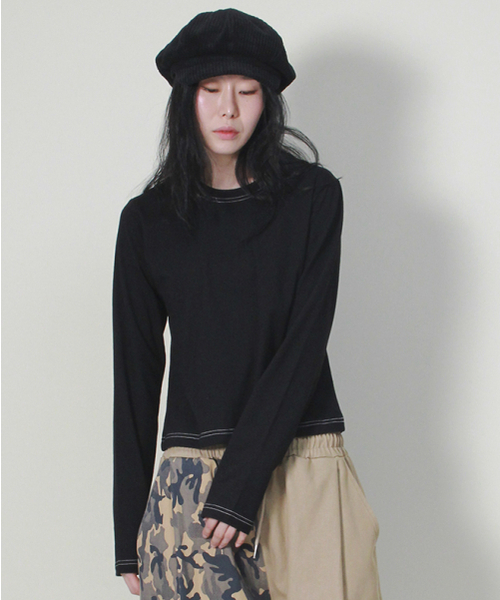 DEMARC（ドゥマーク）の「アウトステッチ配色セミクロップ長袖Tシャツブラック（Tシャツ/カットソー・レディース・その他・MEDIUM/LARGE）」の6枚目の写真
