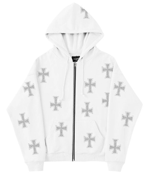 UNKNOWN LONDON（アンノウン・ロンドン）の「A'GEM/9 × .kom 『UNKNOWN LONDON/アンノウン ロンドン』 Cross Rhinestone Zip Hoodie②/クロスラインストーンジップアップパーカー②（パーカー・メンズ・ブラック×レッド/ホワイト/ブラック×パープル/ブラック×シルバー・L/M/XL）」の2枚目の写真
